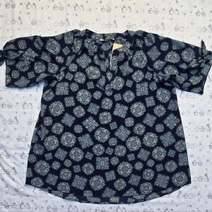 Michael Kors Women's Blouse Top Tie Short Sleeve Navy Blue